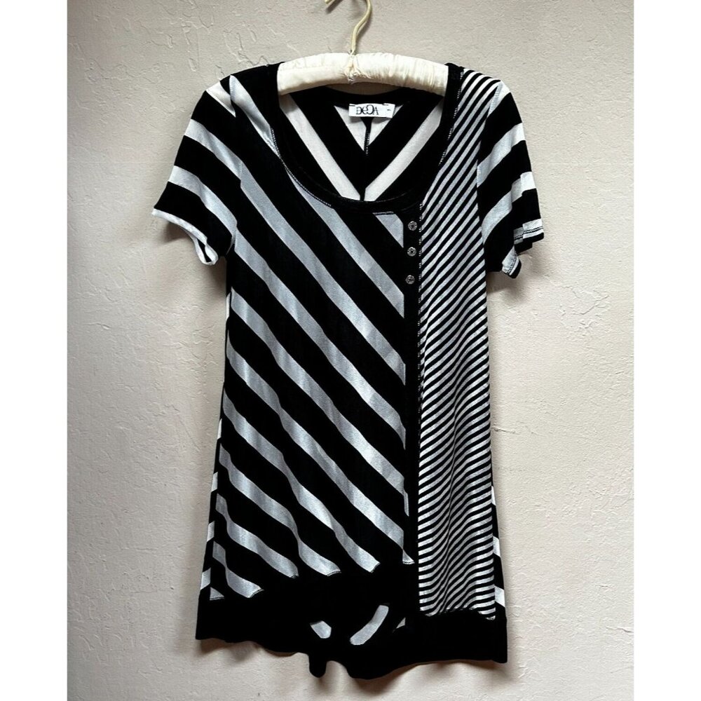 Deca Womens Scoop Neck Asymmetric Striped Shift Dress Size 1 Black Short Sleeve